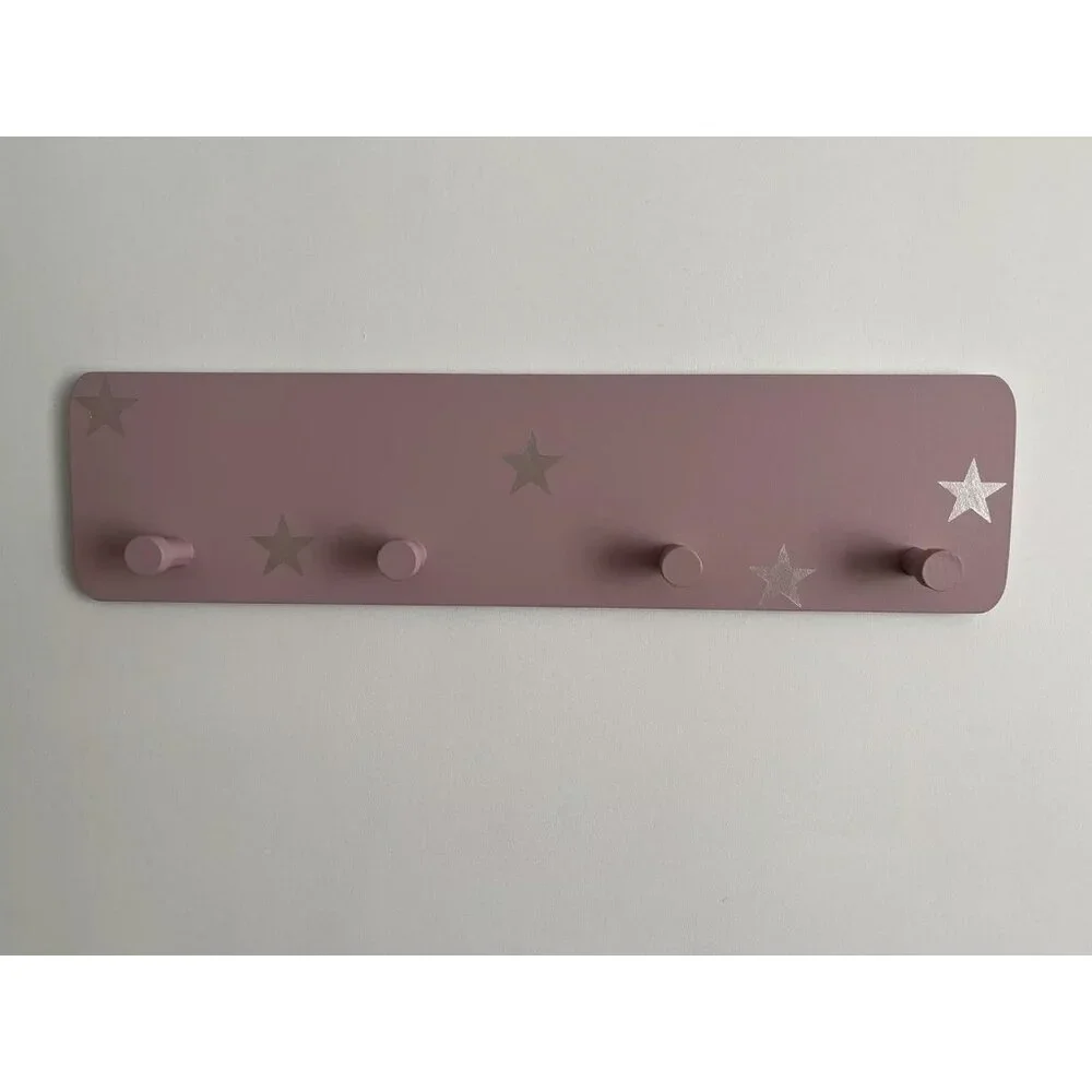 Handmade French Wood Wall Clothes Rack Hooks Pink Silver Stars Kids Nursery Cute